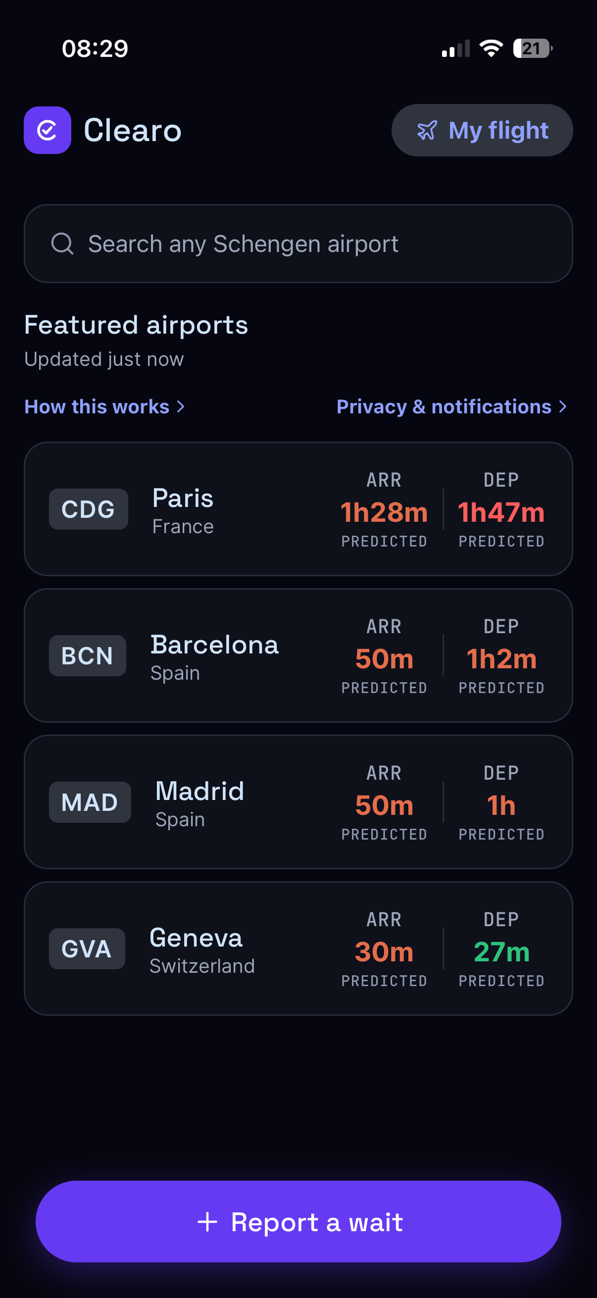 Clearo board showing live and predicted wait times for featured airports