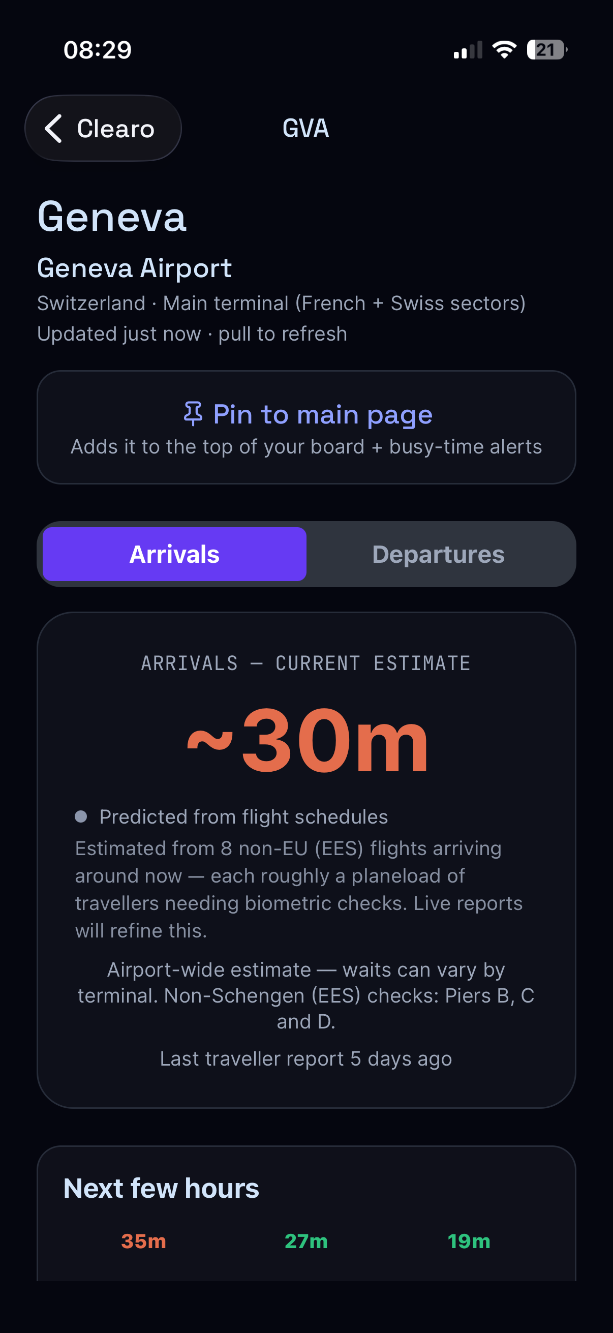 Clearo airport detail for Geneva showing the current arrivals estimate